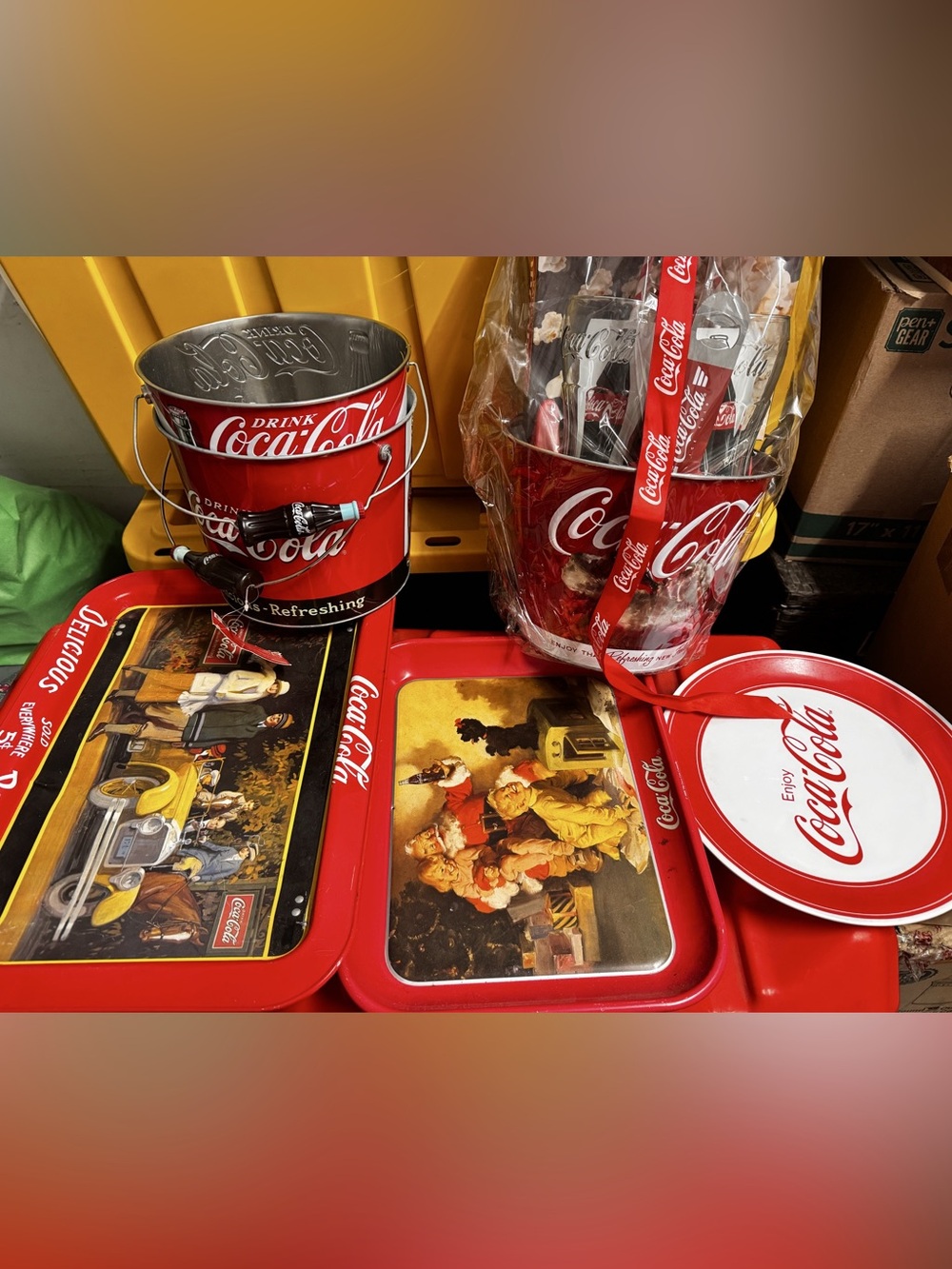 Coca-Cola Collectible Lot ~ Serving Trays, Ice Bucket & Sealed Gift Bucket Set
